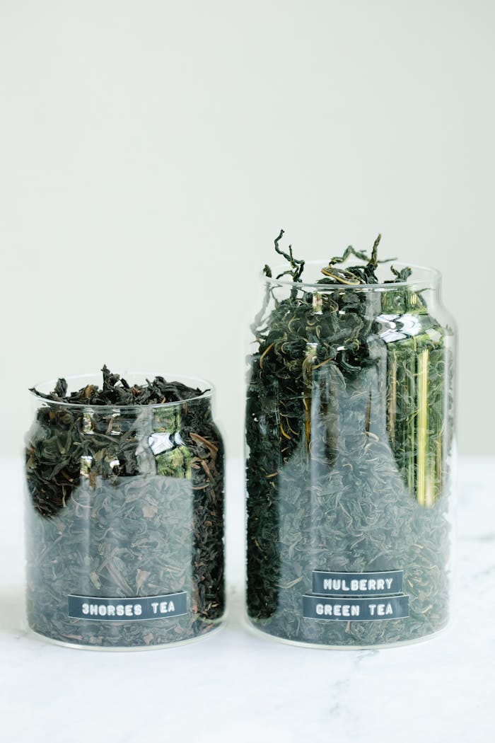 team-01 Two glass jars containing Shorse Tea and Mulberry Green Tea against a minimalist backdrop.